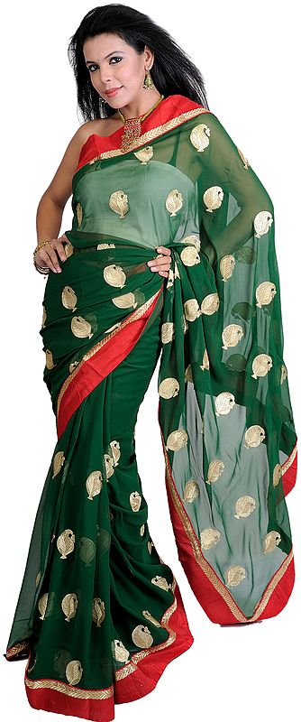 Designer Saree with Metallic Thread Embroidered Paisleys and Patch Border