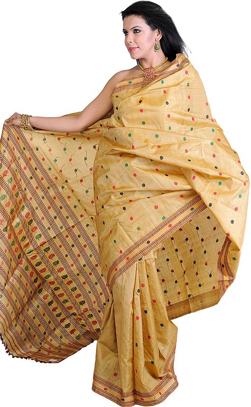 Beige Moonga Sari from Assam with Hand Woven Bootis