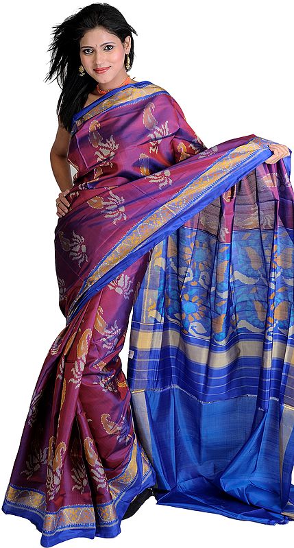 Carmine-Rose and Blue Hand Woven Gujarati Patan Patola Sari with Ikat Weave