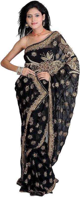 Black Wedding Sari with Zardozi Embroidered Beads and Sequins by Hand