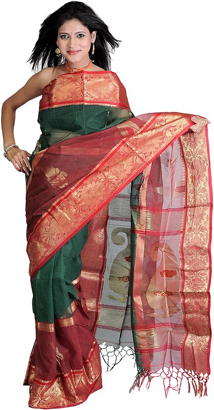 Green and Red Tant Bengali Sari with Woven Paisleys in Golden Thread