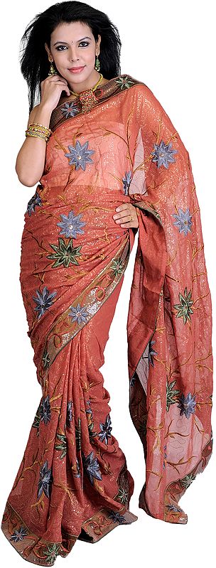 Redwood Shimmering Saree with Embroidered Flowers All-Over