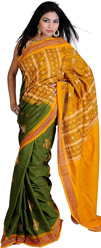 Amber-Yellow and Green Bomkai Sari from Orissa with Hand Woven Boootis