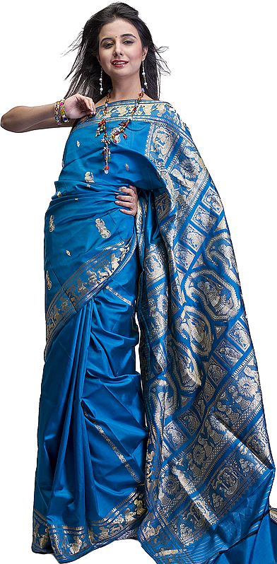 Saxony-Blue Baluchari Sari from Bengal with Celestial Nymphs Woven by Hand