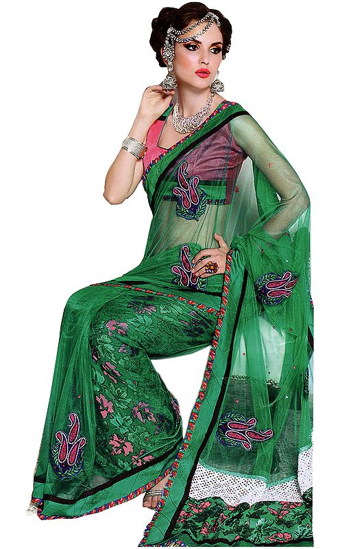 Dynasty-Green Wedding Sari with Patch-work and Self Weave