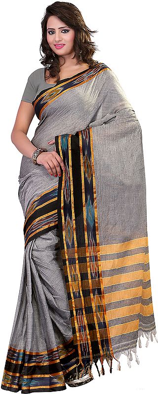 Plain Sari with Ikat Printed Border