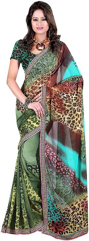 Loepard-Spots Printed Sari with Embroidered Patch Border