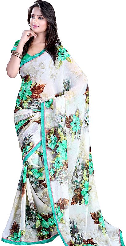 Cream Floral Printed Sari with Patch Border