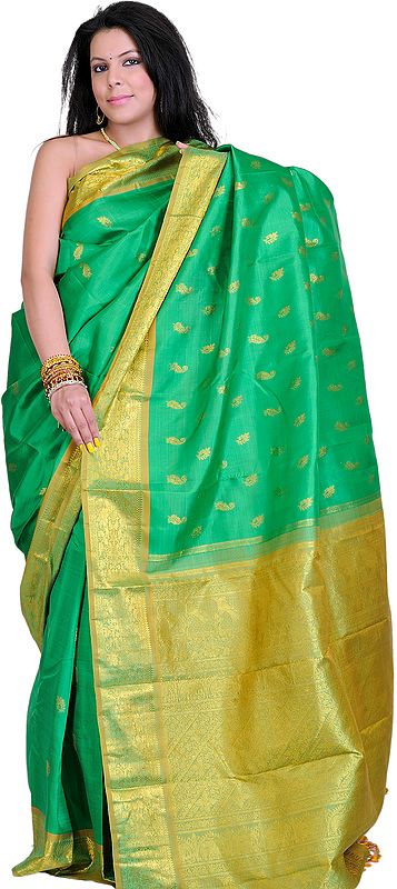 Fresh-Green Hand-woven Kanjivaram Sari with Golden Booties and Brocade Border