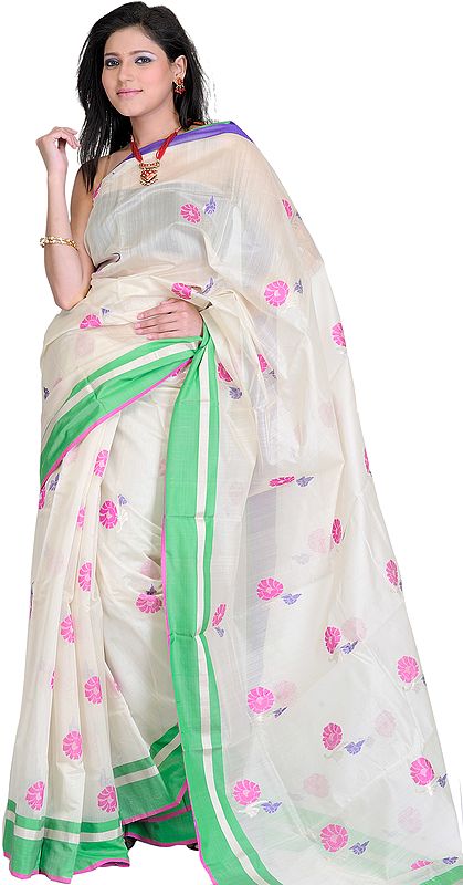 Cloud Cream Chanderi Sari with Hand Woven Pink Flowers