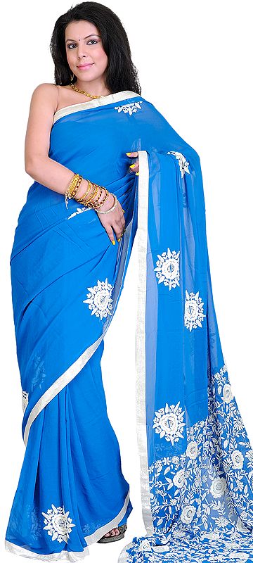 Imperial Blue Hand Embroidered Phulkari Saree from Punjab