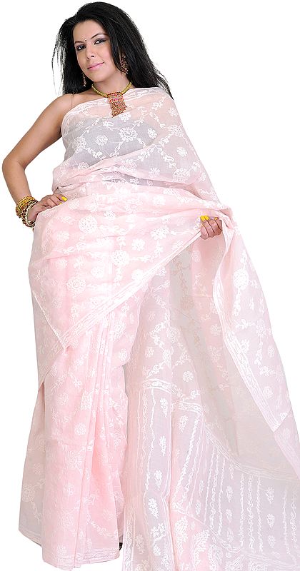 Pink-Godwood Sari with Lukhnavi Chikan Embroidery
