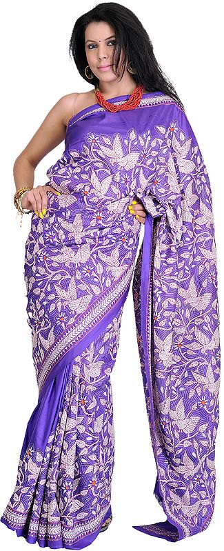 Liberty-Purple Kantha Sari from Kolkata with Embroidered Birds