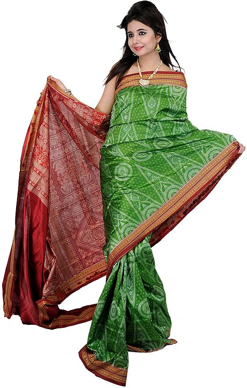 Forest-Green Sambhalpuri Sari from Orissa with Ikat Weave