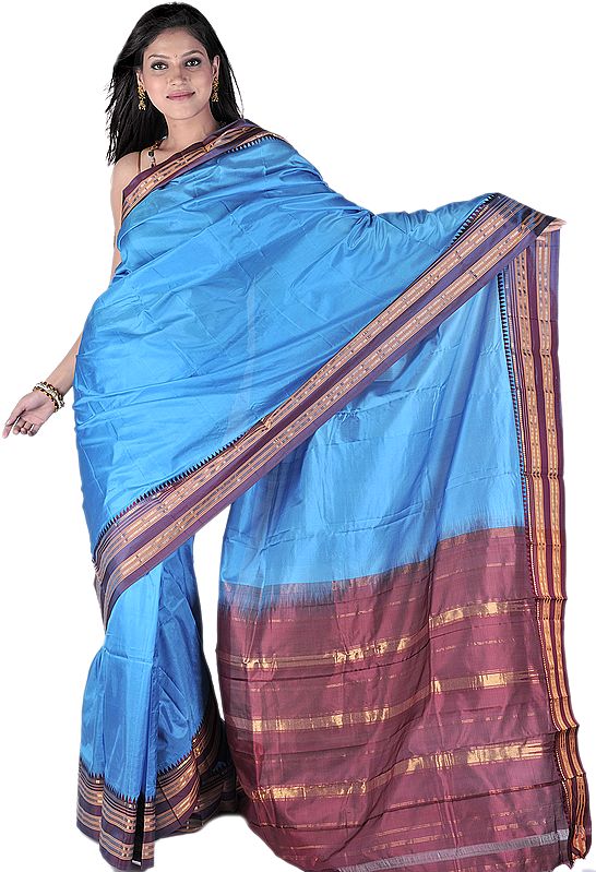 Plain Azure-Blue Narayanpet Sari from Andhra with Rudraksh Border