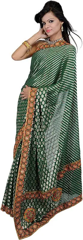 Hunter-Green Embroidered Wedding Sari with Mirror Work and Patch Border