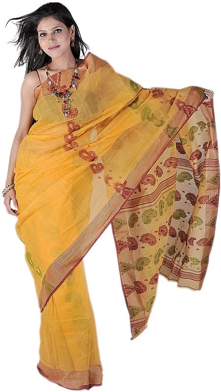 Chamois-Orange Tant Sari from Bengal with Hand-woven Paisleys