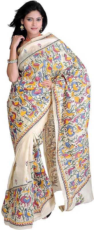 Beige Kantha Stitch Sari with Embroidered Fauna