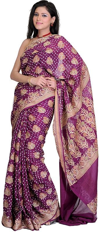 Magenta-Purple Wedding Bandhani Tie-Dye Sari with Brocade Weave