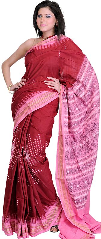 Maroon and Pink Hand Woven Bomkai Sari from Orissa
