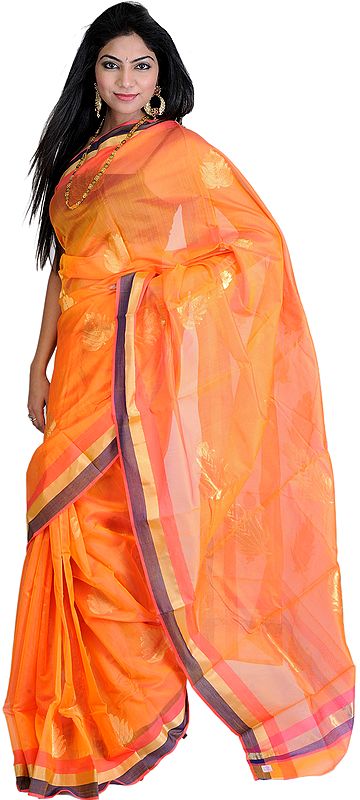 Orange-Pearl Chanderi Saree with Hand Woven Golden Leaves
