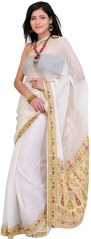 Plain Banarasi Sari with Hand Woven Meenakari Border and Aanchal