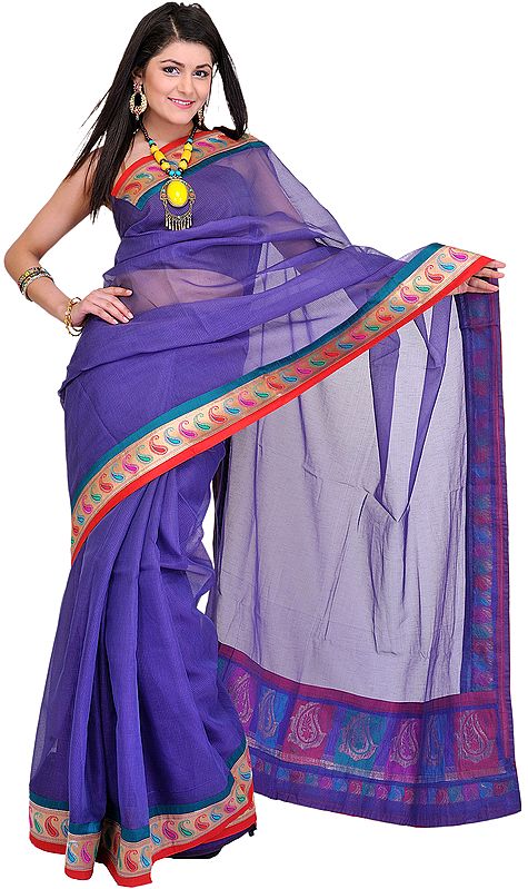 Sari with Fine Woven Checks and Brocaded Paisley Patch Border