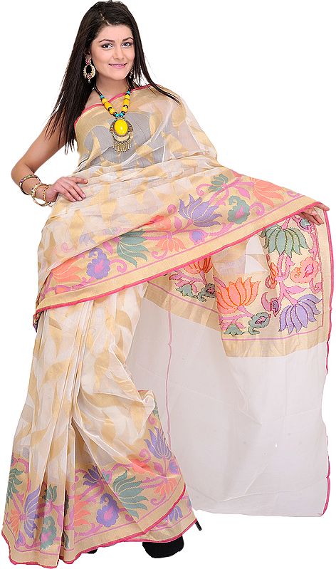 Cloud-Cream Sari with Woven Lotuses and All-Over Golden Leaves