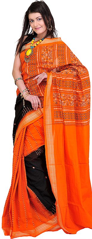 Orange-Black Bomkai Sari from Orissa with Hand-woven Bootis