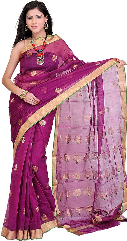Purple-Magic Chanderi Sari with All Over Hand-woven Bootis in Golden Thread