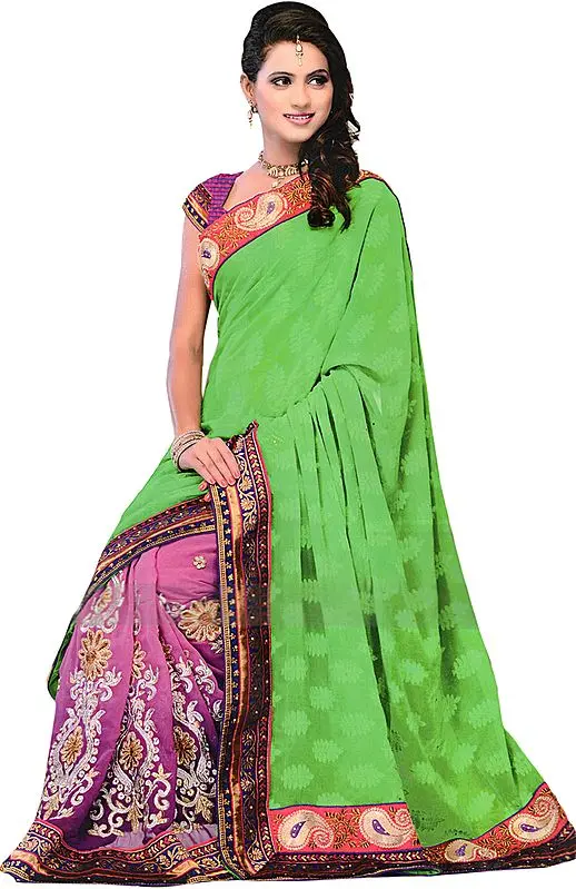 Green-Magenta Wedding Sari with Aari Embroidered Patch Border