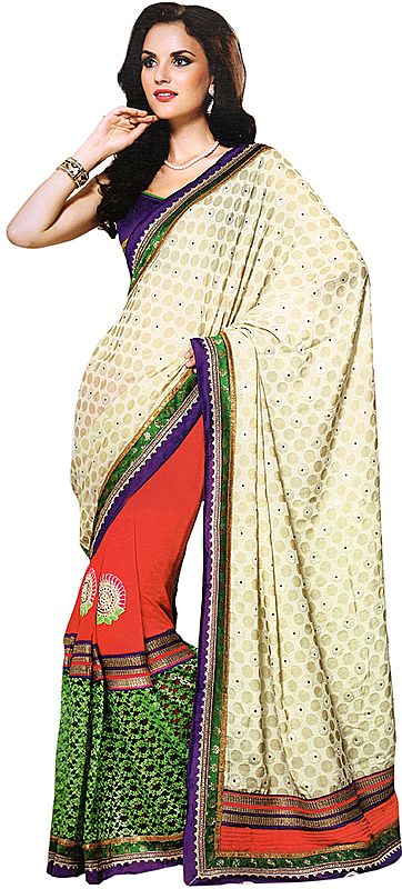Multi-color Designer Wedding Sari with Woven Polka Dots and Patch Border