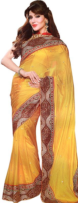 Beeswax-Yellow Designer Saree with Heavy Embroidered Patch Border