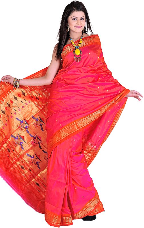 Hot-Pink Paithani Sari with Hand Woven Peacocks on Aanchal