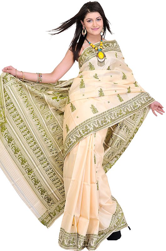 Crème-Brulee Baluchari Sari with Hand Woven Mythological Episodes