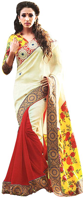 Tri Color Designer Sari with Patch Border and Floral Printed Anchal