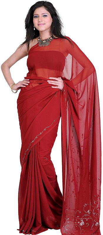 Plain Ruby-Wine Sari with Embroidered Sequins