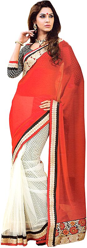 Red-White Wedding Sari with Zardozi Patch Border