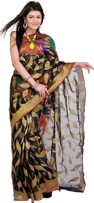 Black Sari from Banaras with Woven Leaves and Lotuses