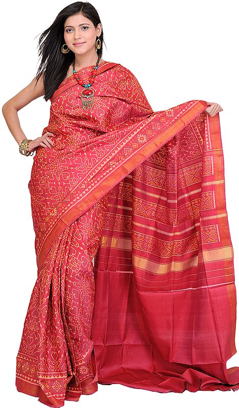 Sangria-Red Patan Patola Sari Hand-woven in Gujarat