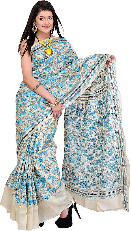 Cloud-Cream Kantha Sari from Bengal with Hand-Embroidered Flowers