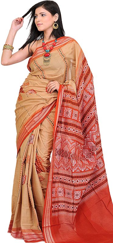 Beige Bomkai Sari from Orissa with Hand-woven Bootis