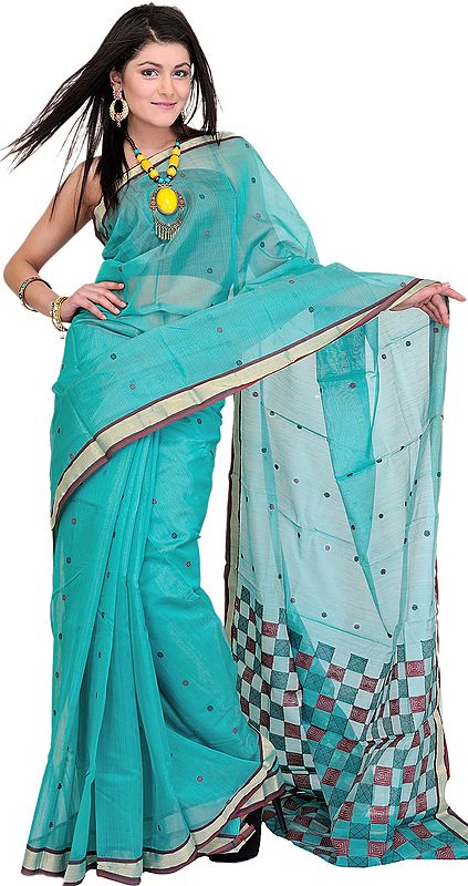 Frosty-Green Chanderi Sari with Hand Woven Geographical Weave on Aanchal