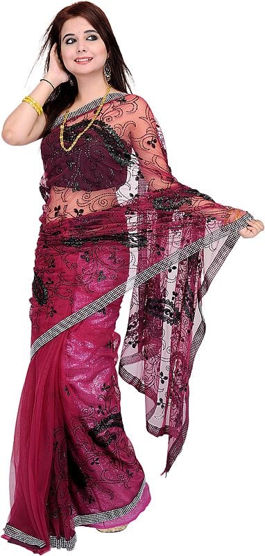 Shimmer Sari with Sequins and Crewel Embroidery All-Over