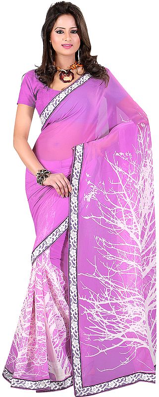 African-Violet Printed Sari with Patch Border