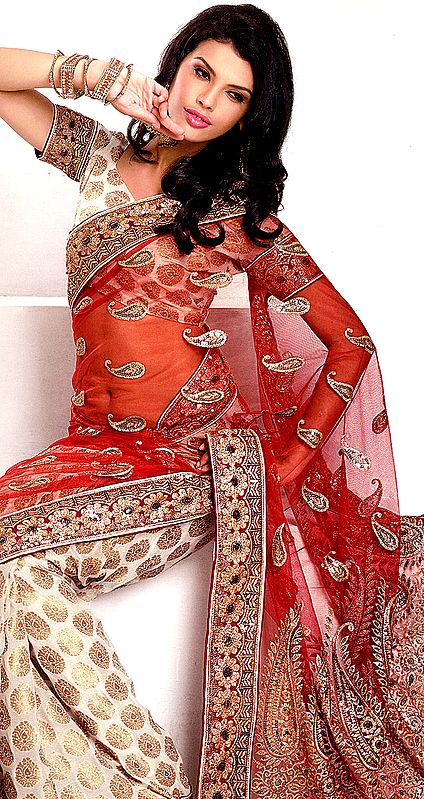 Scarlet and Ivory Designer Wedding Sari with Zardozi Embroidery and Brocaded Bootis