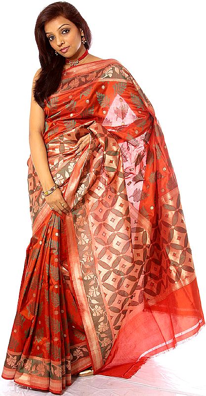 Scarlet Sari from Banaras with Hand-woven Leaves All-Over