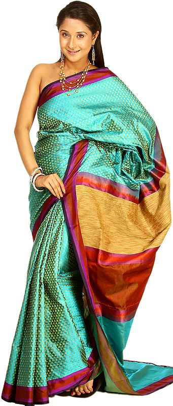 Scuba-Blue Banarasi Sari with All-Over Hand-woven Triangles