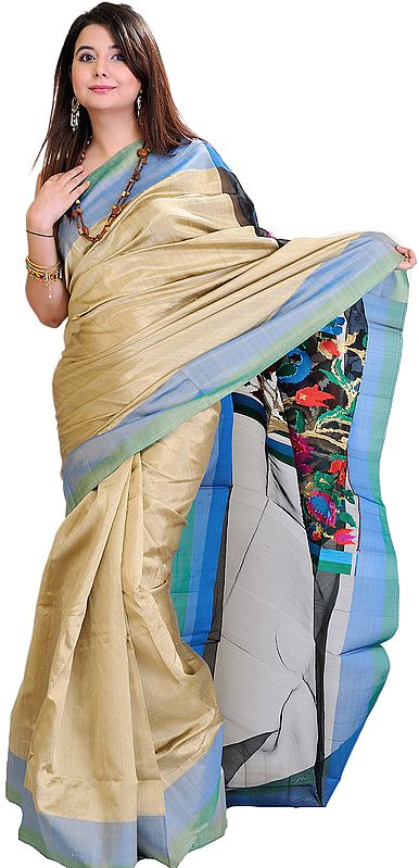 Plain Silver-Gray Banarasi Sari with Designer Kadwa Anchal