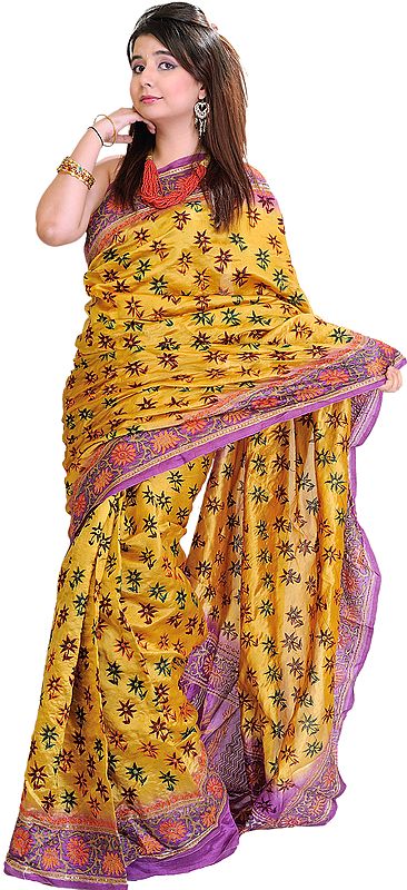 Sunflower Yellow and Violet Sari with Kantha Stitched Embroidery and Sequins